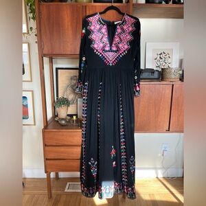 Ulla Johnson Black Silk Dress with Elaborate Embroidery